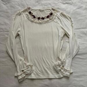 Axes Femme Cream long sleeve top with red floral lace trim collar detail
